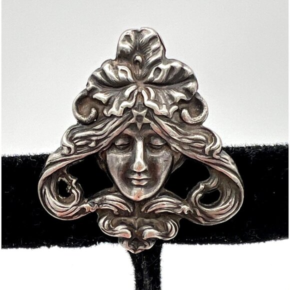 Sterling Jewelry - Antique Art Nouveau Sterling Silver Brooch Pin Repoussé Lady Goddess Face  925